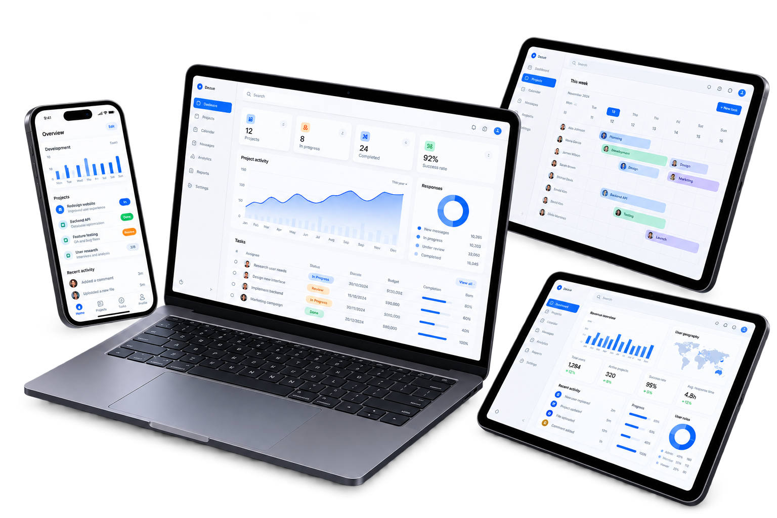 Laptop, smartphone and tablets displaying connected business dashboards, an illustrative technology concept.